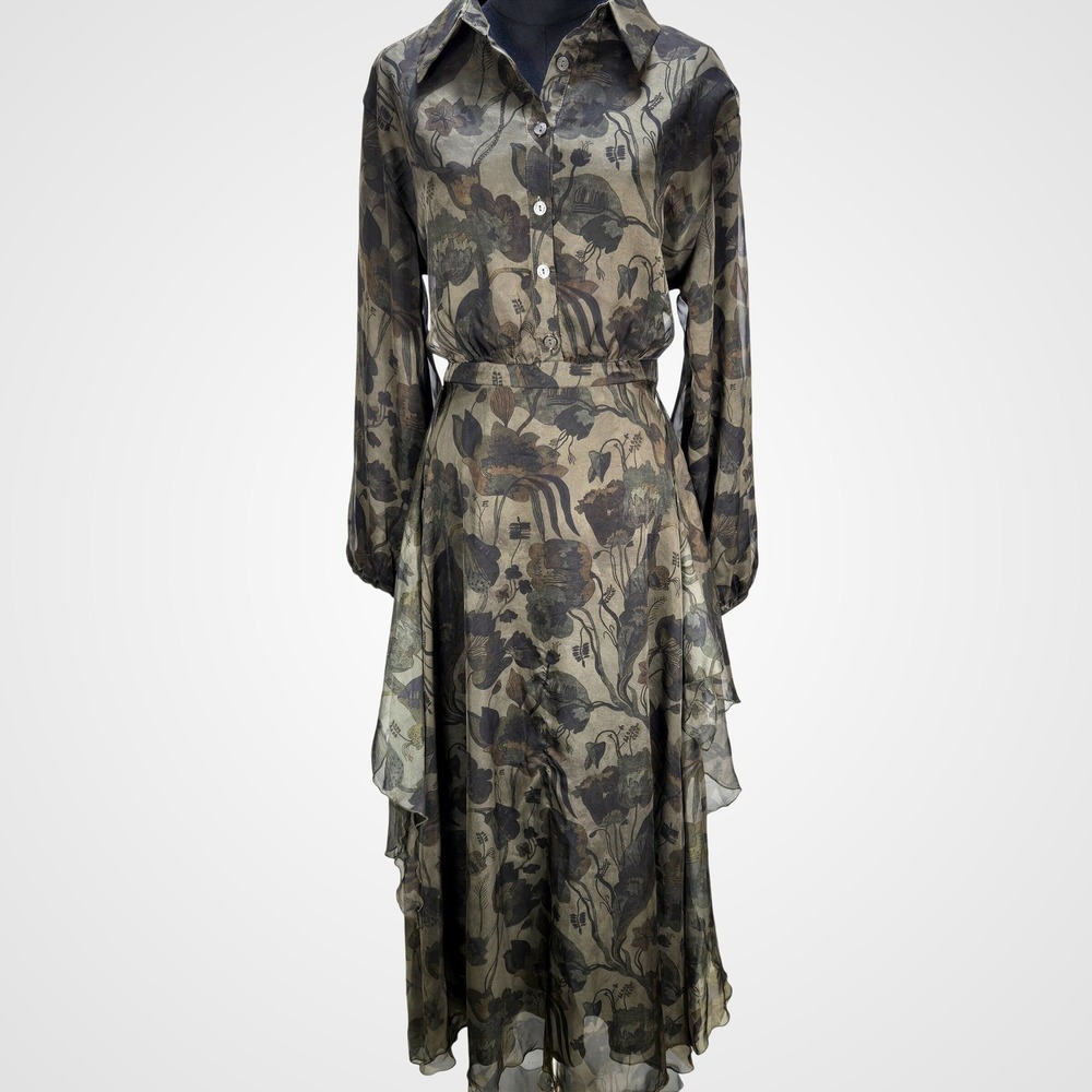 Women's‎ Large Olive Floral Tiered Midi Dress Whimsigoth Witchy Cottage Romantic